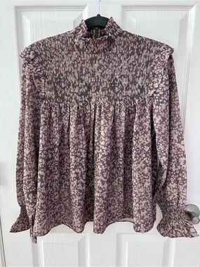 French Connection Pink and Gray Smocked High-Neck Blouse